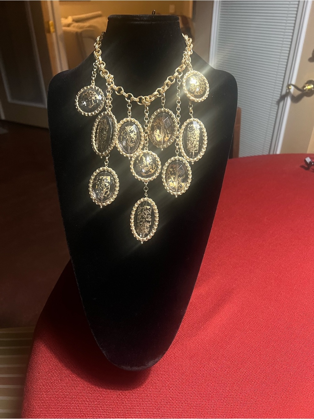 Chico's Gold Tone Crystal Medallion Drop Necklace